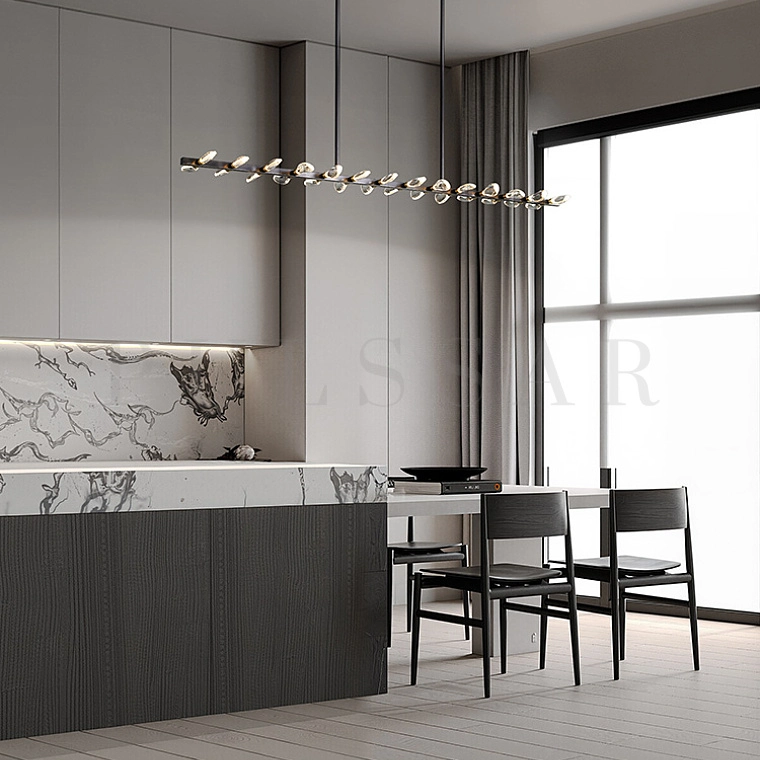 Освещение над обеденным столом на кухне - гостиной Светильник над столом - оптимальная высота, модель из каталога Pulssar в интерьере