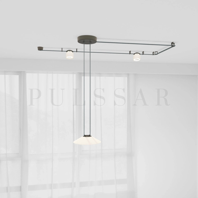 Трековая система на тросах вместо люстры в лофт интерьере Подвесная трековая система на тросах в стиле лофт