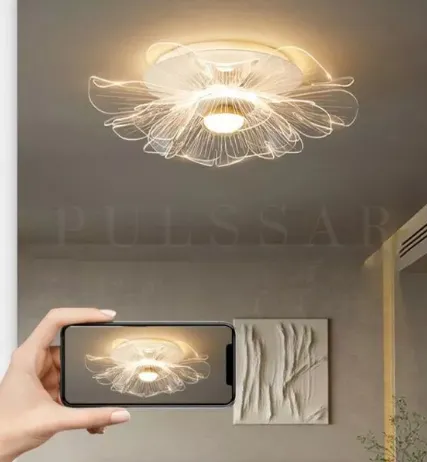 Белая потолочная люстра с цветком большого размера FLOWER CH со встроенной LED-подсветкой лепестков для гостиной в эко-стиле